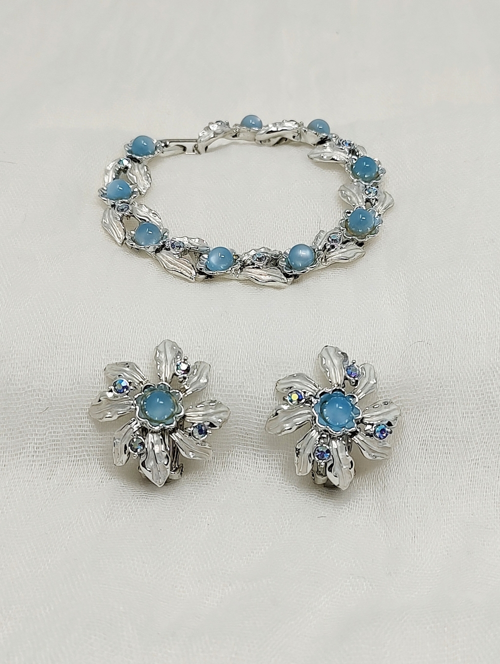 Vintage Judy Lee Sterling Silver Blue Cabochon Flower Earrings and Bracelet Set